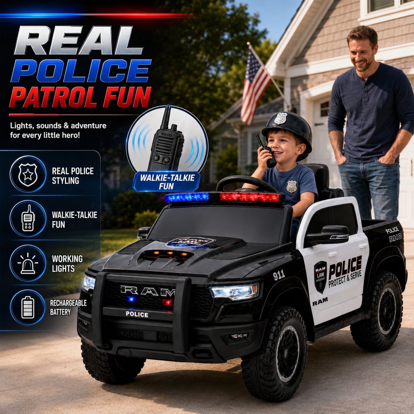 SHINPT Police Car Ride on, RAM1500 RHO Kids Electric Police Car with Parent Remote Control, 12V Powered Toddler Ride on Toy with Siren Lights, Single Seat, 1-3MPH Safe Speed for Boys Girls Ages 3-8