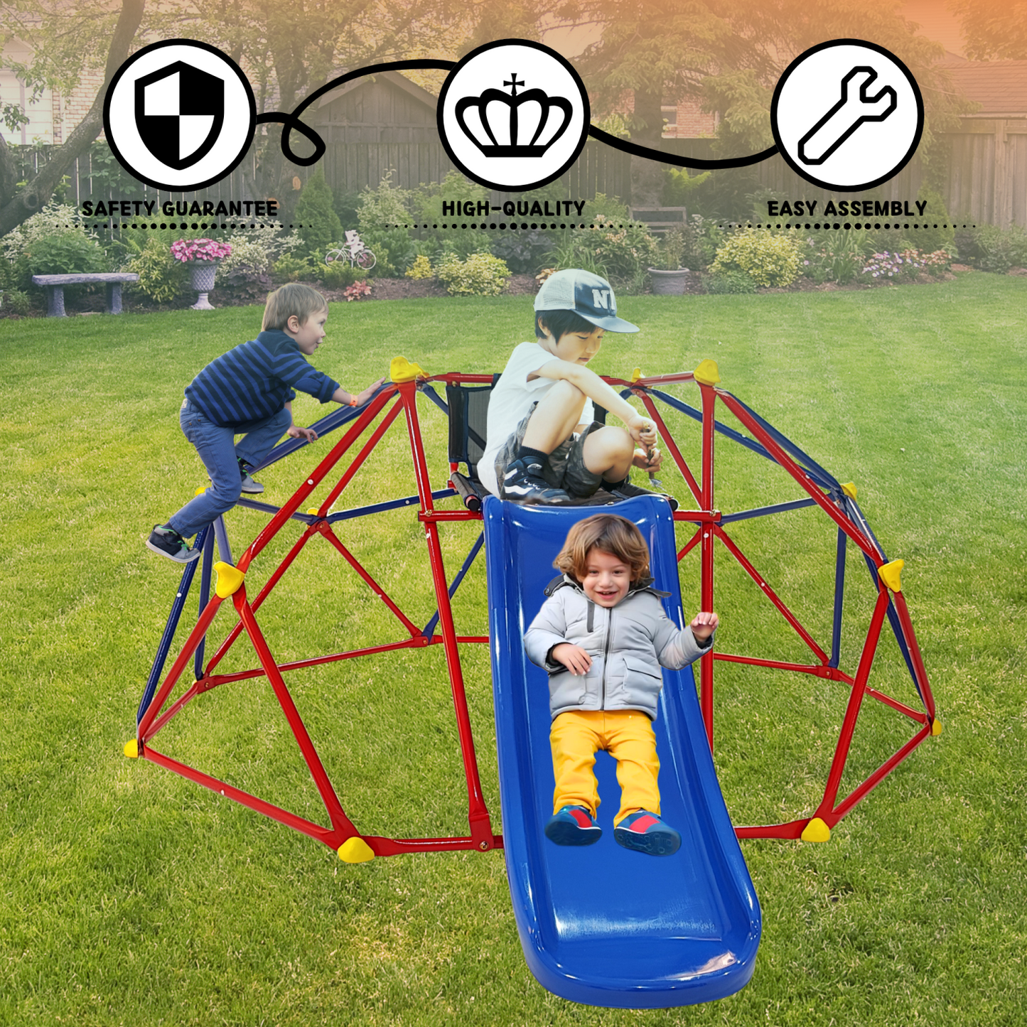 10 ft Climbing Dome for Kids Ages 3-8, Kids Outdoor Jungle Gym Geometric Dome Climber with Slide, Indoor Outdoor Play Equipment for Backyard, Playground, Supports 330LBS, Easy Assembly