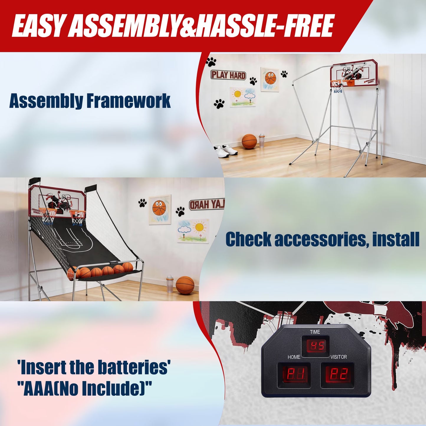 SHINPT Electronic Basketball Arcade Game, 2 Player Indoor Basketball Arcade Game for Kids Adults, Foldable Arcade Basketball with 8 Game Modes,  Electronic Scorer, Basketball Hoop, 6 Balls, Air Pump