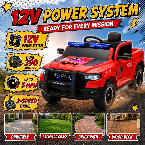 SHINPT Ride on Fire Truck,  RAM1500 12V Electric Fire Truck with Parental Remote, Bluetooth & Siren Lights, 44.49”*26.77”*22.44”Red Kids Ride on Car for Boys Girls Ages 3-8, 36.16lbs