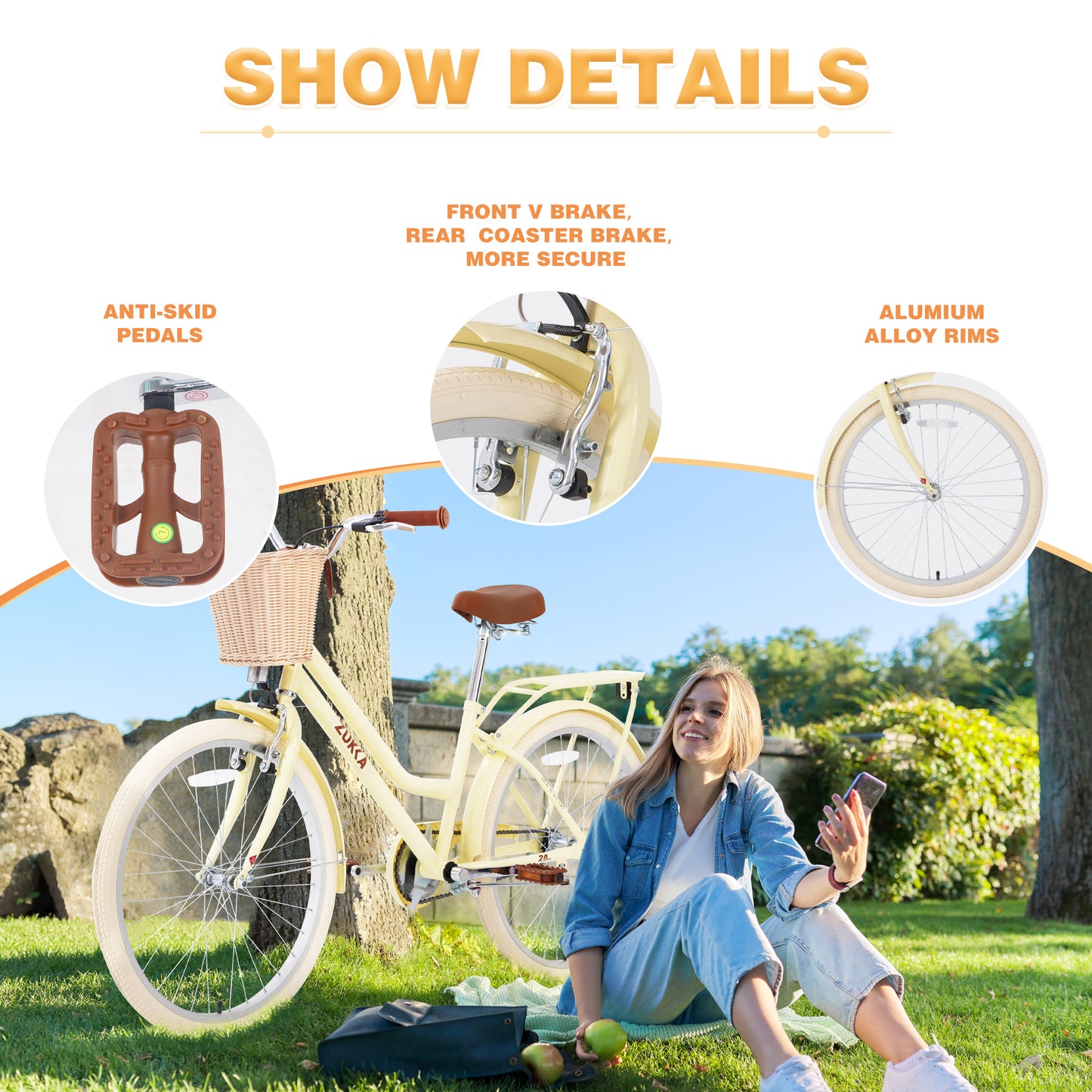 24" Bike for Kids and Adults, SHINPT Bicycle with Basket and Rear Rack, 24in Girls and Boys Bike with Steel Frame, Retrospec Balance Bike for Best Gift, Bicycle for Kids 10+, Multiple Colors