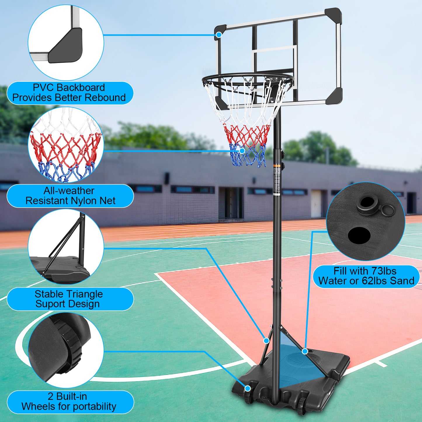 5.6FT-7FT Adjustable Basketball Hoop for Kids, SHINPT Portable Basketball Hoop Outdoor, Indoor&Outdoor Basketball Hoop with 28 Inch Backboard, Basketball Equipment with Stable Base and Wheels