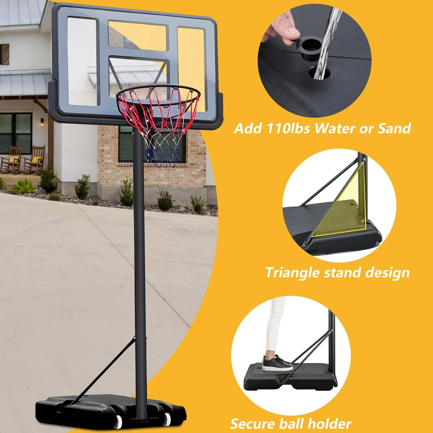 4.9-10FT Height Adjustable Basketball Hoop Outdoor/Indoor, SHINPT Portable Basketball Hoop with Wheels for Kids and Adults, Basketball Hoop with 44 inch Backboard for Backyard, Black Play Equipment