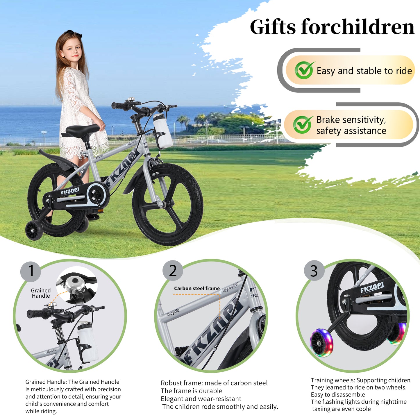 16" Kids Bike with Training Wheels, SHINPT Bicycle for Kids 3-9 with Water Bottle, Training Wheels with Night Glow, Toddler Bike with High Carbon Steel Frame, 16 in kids bicycle with Adjustable Seat