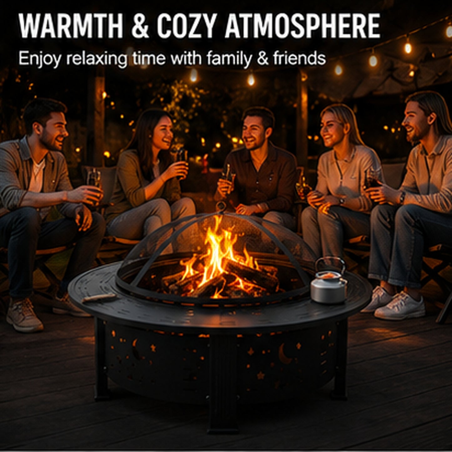 Fire Pit, SHINPT Modern 37 Inch Round Outdoor Fire Pit Table, Wood Burning Metal Fireplace with Square Lid, Black Steel Brazier for Patio Backyard Garden