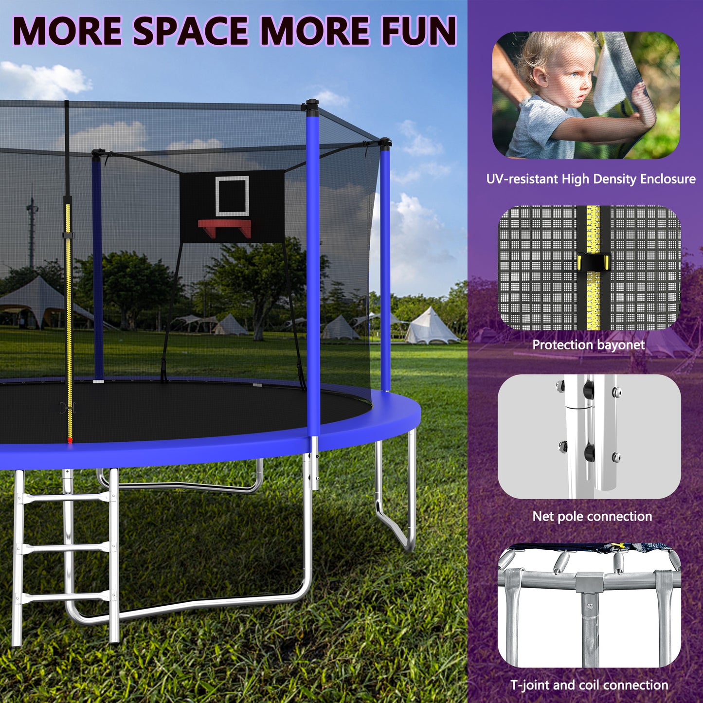 14FT Sports Fitness Trampoline with Net, SHINPT Large Trampoline with Basketball Hoop, Exercise Trampoline for Adults and Kids for Outdoor/Indoor, Gymnastics Trampoline with Ladder for Basement, Yard