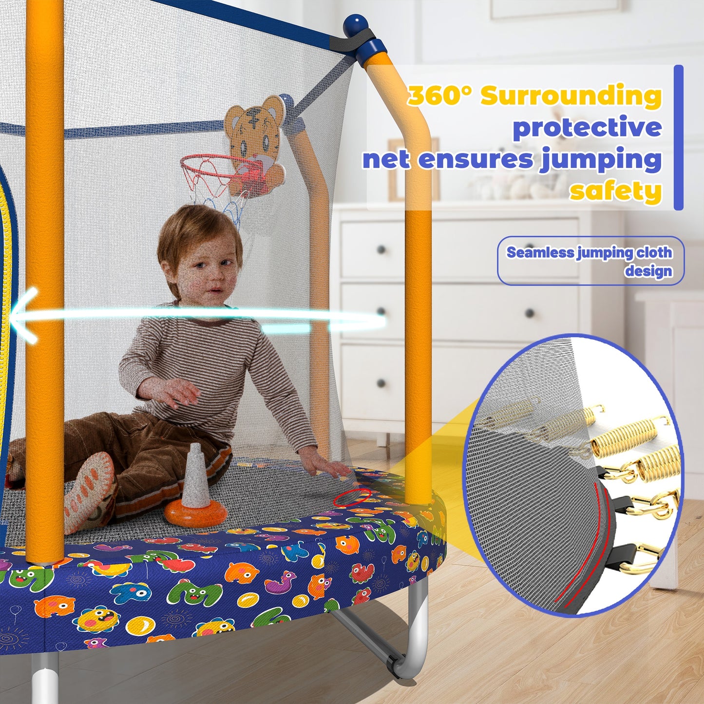 55" Toddler Trampoline Indoor/Outdoor for Kids, Shinpt Mini Trampoline for Backyard, Recreational Trampoline with Basketball Hoop, Outdoor Toddler Toy with Enclosure Net, Indoor Bounce House for Gift