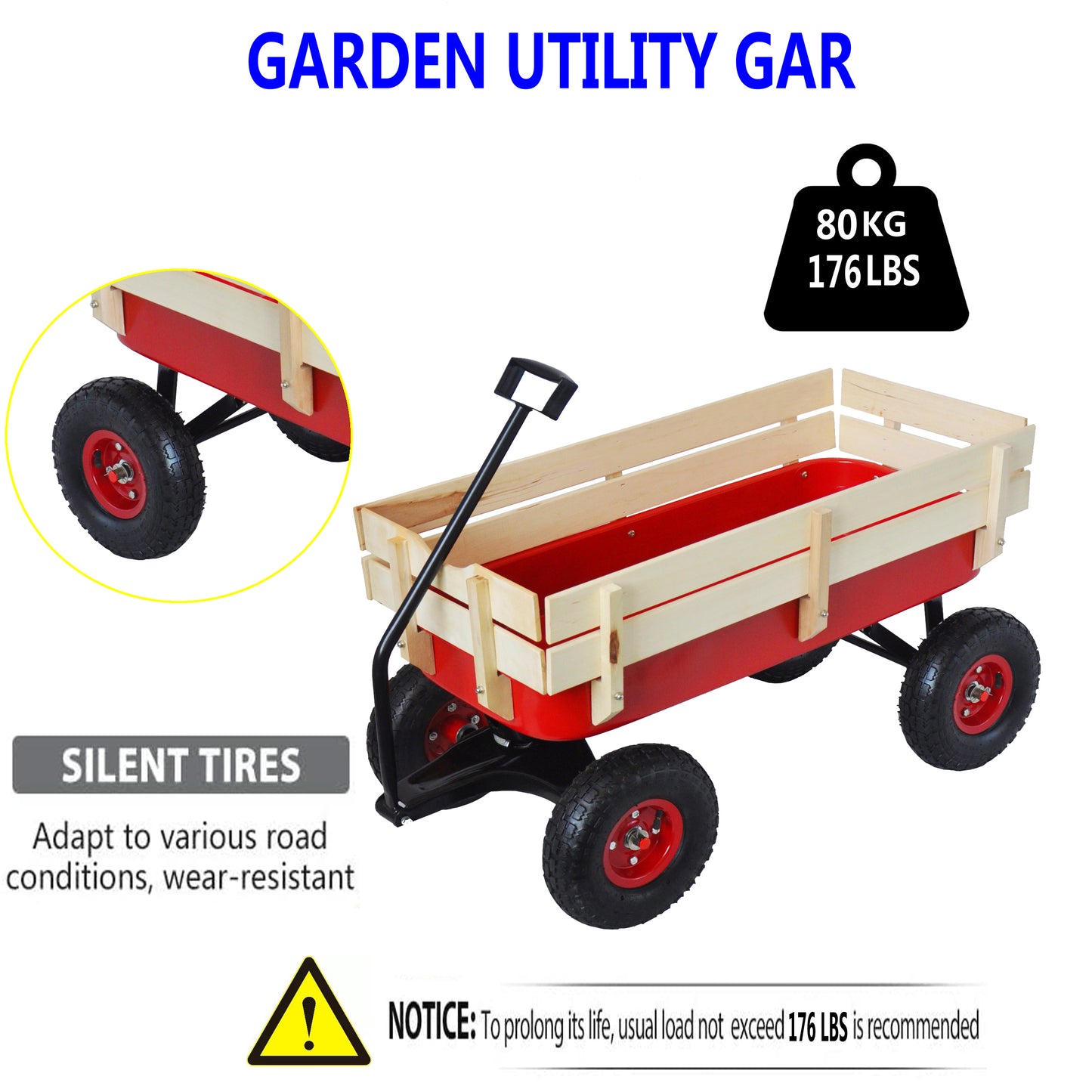 Heavy Duty Wagon with Handle, SHINPT Garden Cart and Wagon with Air Tires, Outdoor Gardening Cart with Wooden Side Panels, Utility Trailer with Metal Wheel Barrow, All Terrain Wagon for Yard, Lawn