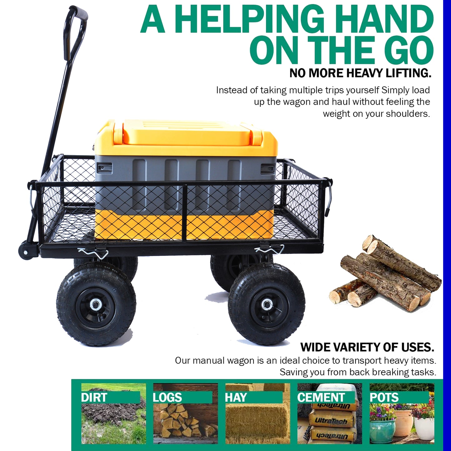 Outdoor Gardening Cart with Inflatable Tires, SHINPT Garden Cart and Wagon Heavy Duty, Outdoor Gardening Cart with 180-Degree Steering Range Handle, Yard Cart and Wagon for Garden, Backyard, Lawn