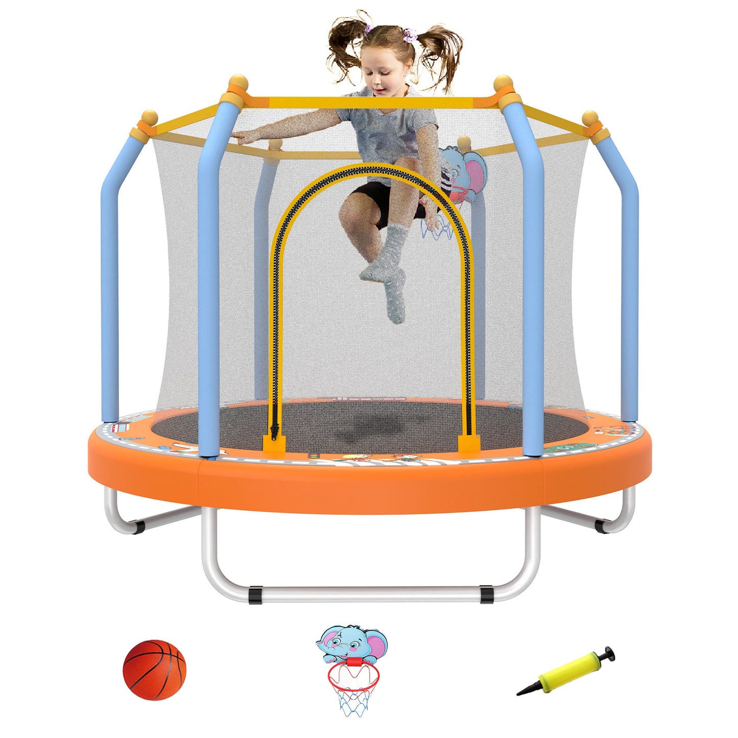 55" Toddler Trampoline Indoor/Outdoor for Kids, Shinpt Mini Trampoline for Backyard, Recreational Trampoline with Basketball Hoop, Outdoor Toddler Toy with Enclosure Net, Indoor Bounce House for Gift