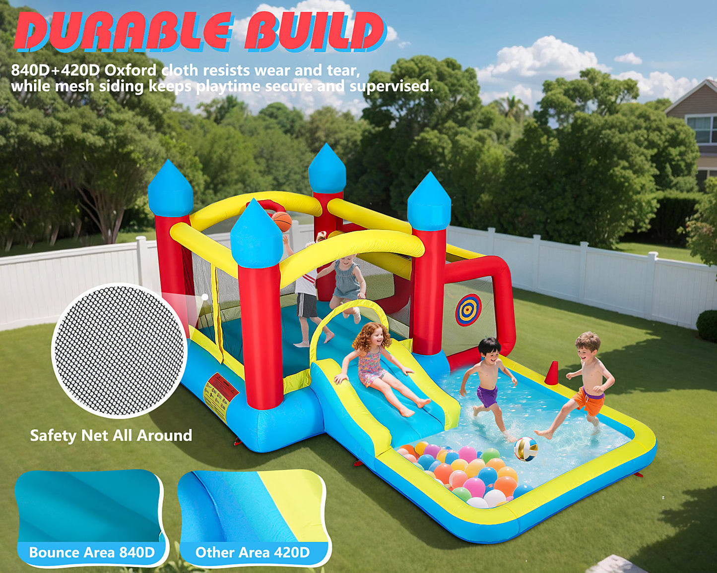 Inflatable Bounce House for Kids, Water Bounce House w/480W Air Blower, Indoor Outdoor Bouncy Castle Jump House w/Slide, Crawl-Thru Door & Net, Dartboard, Basketball Hoop, Football Goal