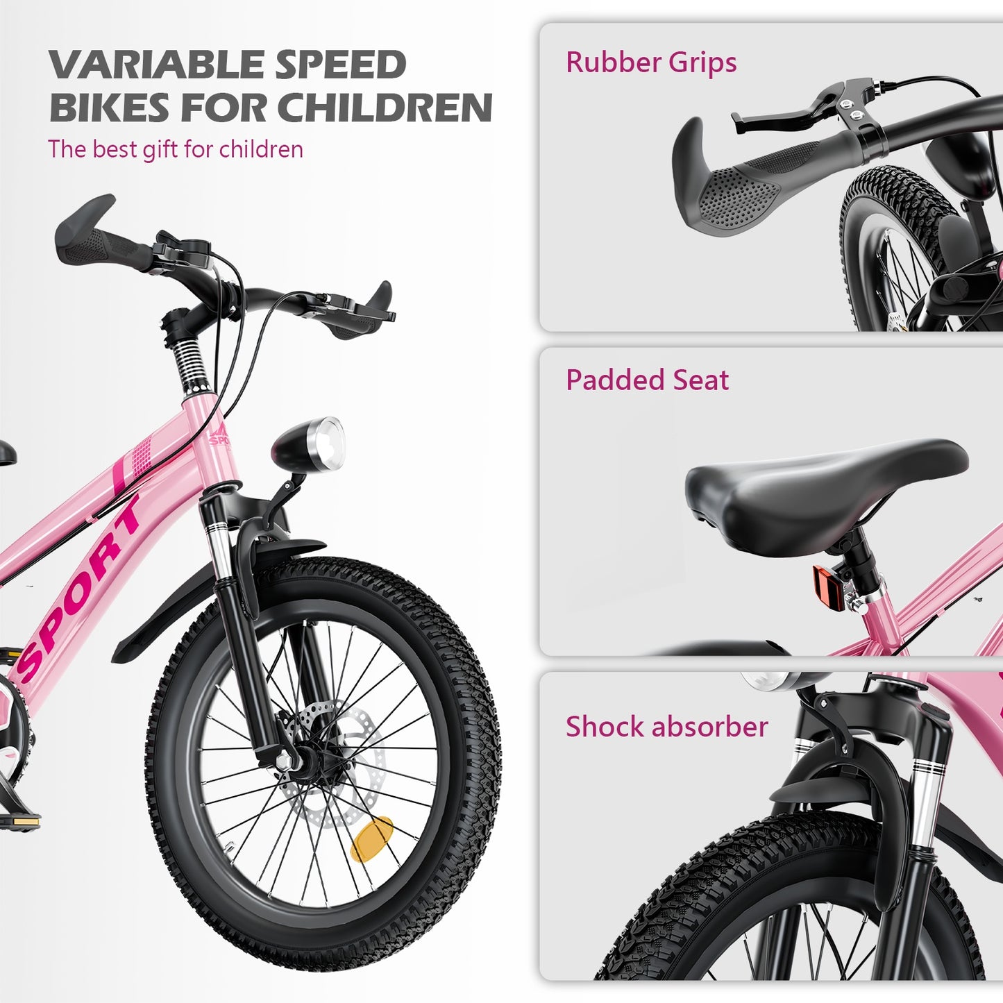 20" Mountain Bike for Kids 7-12, SHINPT Kids Bicycle with LED Light, Toddler Girls and Boys Bike with 7-Speed Gears, Boys 20 inch Bike with Shock Absorber Front Fork, Bike Ages 7-12, Pink, Silver