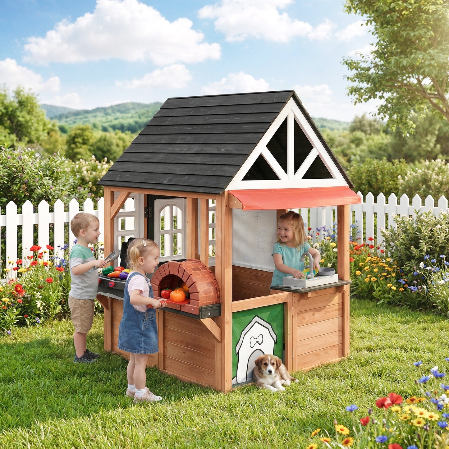 Outdoor Playhouse, Kids Playhouse with Play Kitchen, Kids Wooden Playhouse with Grill Oven, Bread Oven, Toddler Playhouse with Door, Windows, Doorbell for Kids Outdoor, Play House for Kids Ages 3+