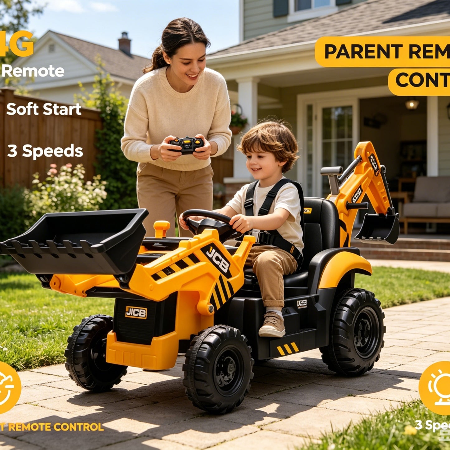 Ride on Excavator, JCB, 24V Dual Motors, SHINPT Digger Ride on Toy, Front Loader & Backhoe, Remote Control Construction Toy, Yellow, for Toddler Boys 3-5 Years Old