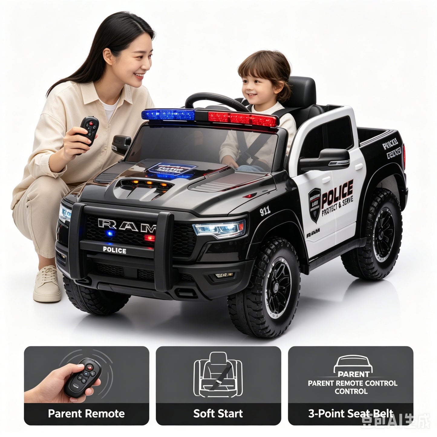 Police Car Ride on, SHINPT RAM1500 RHO Kids Electric Police Car with Parent Remote Control, 12V Powered Toddler Ride on Toy with Siren Lights, Single Seat, 1-3MPH Safe Speed for Boys Girls Ages 3-8