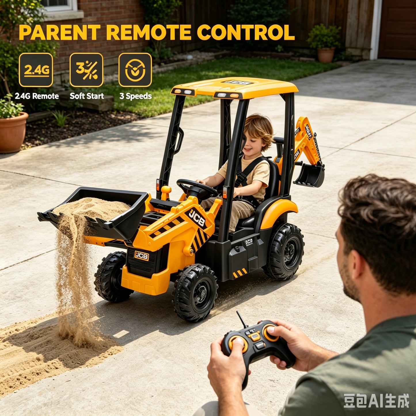 Ride on Excavator, JCB, Realistic 2-in-1 Construction, SHINPT Toddler Excavator, Shovel & Digger, Electric Ride on Toy, 12V Battery Powered, Remote Control, Yellow, for Toddlers Boys 3-5 Years Old
