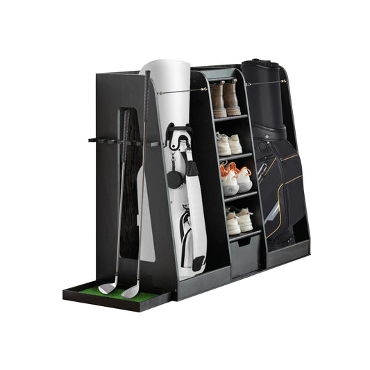 Wooden Golf Bag Organizer and Storage Rack, High Quality Wooden 2 Golf Bag Rack with Drawers, Easy to Assemble Golf Club Holder/Stand with Club Holders on Side,Black