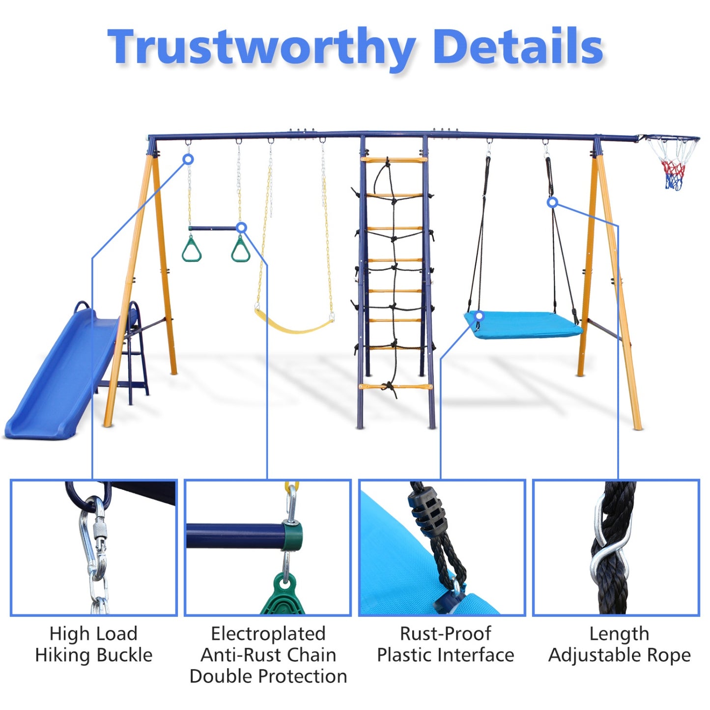 7 in 1 Swing Set for Backyard, SHINPT Playground Swing Sets with Slide, 2 Swing Seats, Outdoor Multifunction Playsets for Kids with 1 Gym Ring, 1 Basket, 1 Climbing Net & Ladder, 500 lbs Capacity