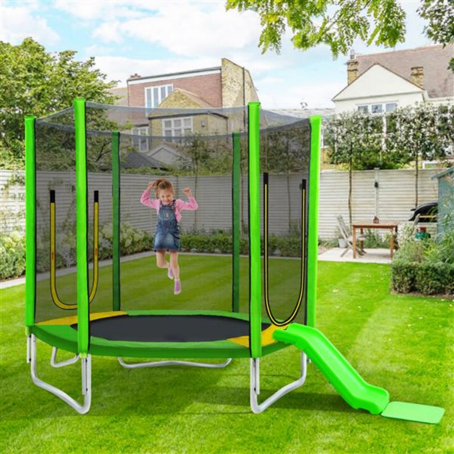 7 FT Trampoline for Kids Age3-12, SHINPT Round Recreational Trampolines with Safety Enclosure Net, Mini Outdoor Trampoline with Slide and Ladder, Easy Assembly, Outdoor, Indoor