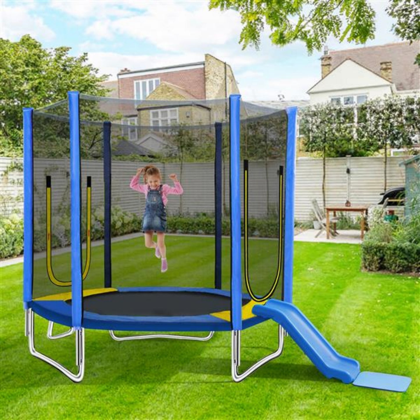 7 ft Trampoline for Kids Age3-12, Yardmaster Round Recreational Trampolines with Safety Enclosure Net, Mini Outdoor Trampoline with Slide and Ladder, Easy Assembly, Outdoor, Indoor