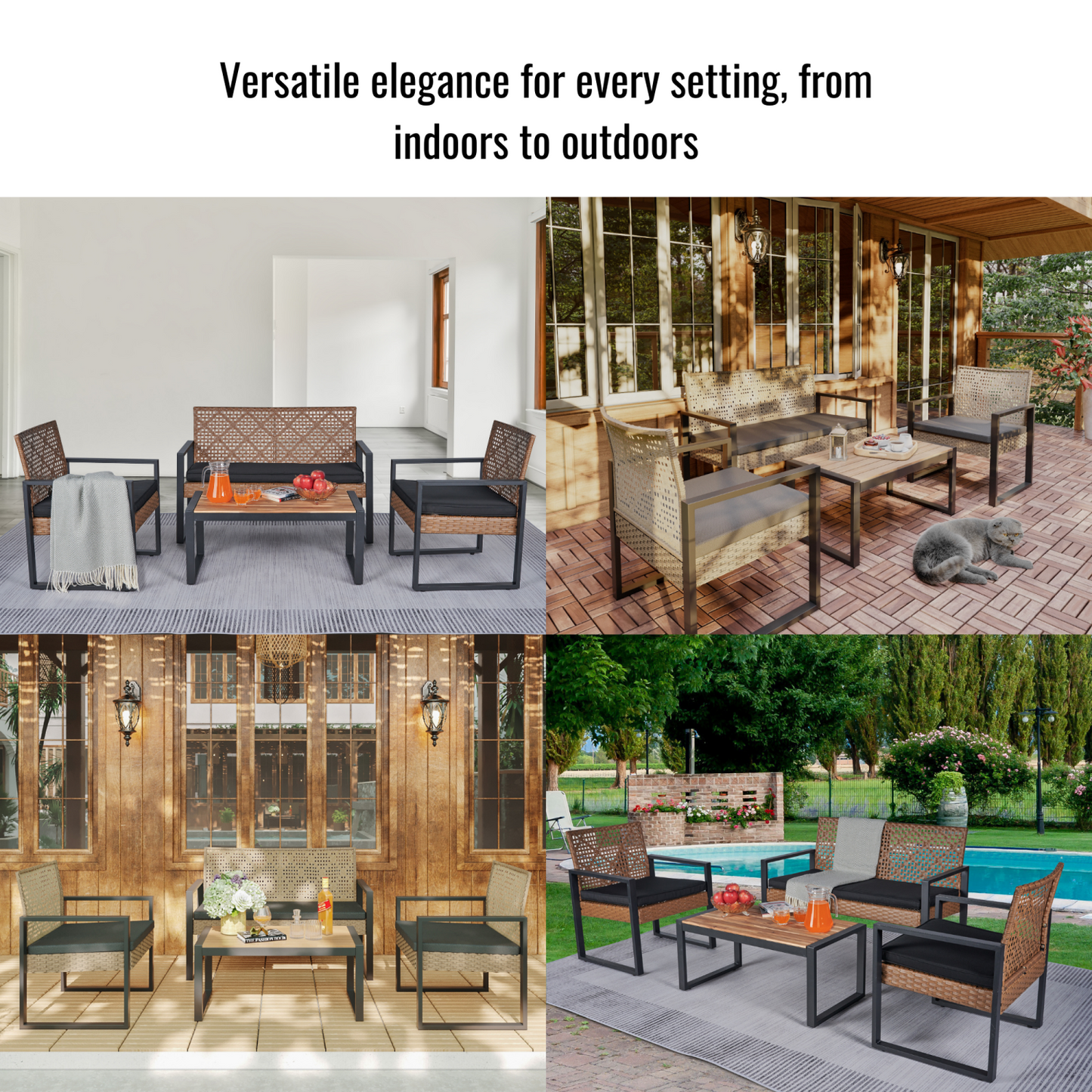 4 Piece Outdoor Patio Furniture Set, SHINPT All-Weather Rattan Wicker Furniture Set with Wood Table and Washable Cushions, Porch Furniture Sectional Loveseat for Balcony Garden Backyard Poolside