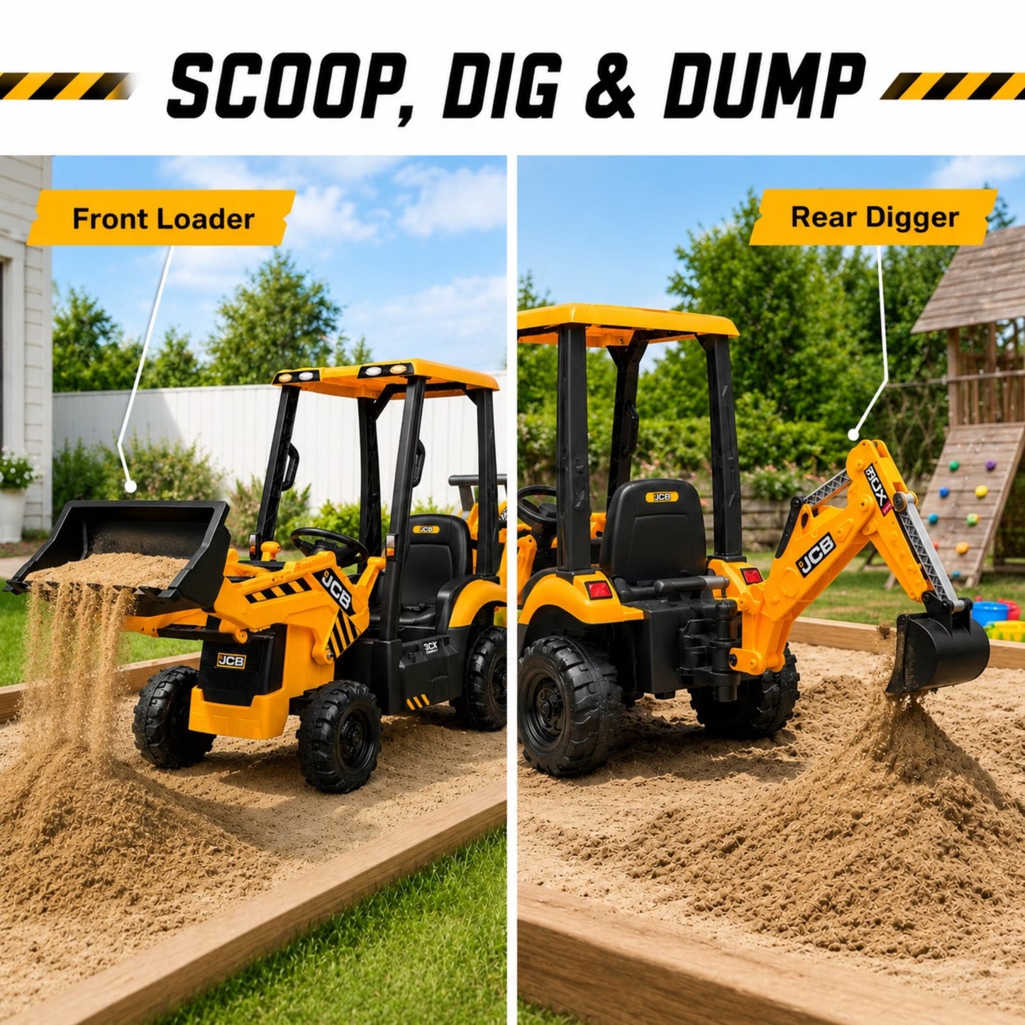 SHINPT Ride on Excavator, JCB, Realistic 2-in-1 Construction,  Toddler Excavator, Shovel & Digger, Electric Ride on Toy, 12V Battery Powered, Remote Control, Yellow, for Toddlers Boys 3-5 Years Old