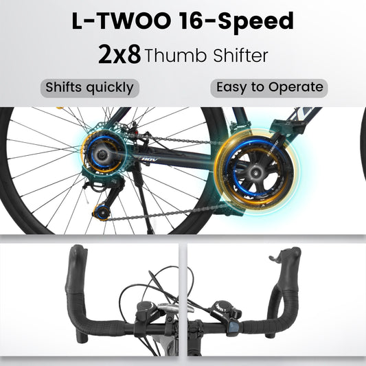 700C Road Bike, Light Weight Aluminum Frame, 16-Speed Outdoor Bike Disc Brakes, Racing Bike for Men and Women, Ideal for High-Intensity Riding