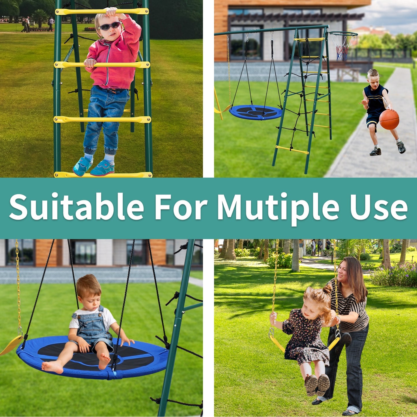 5 in 1 Swing Sets for Backyard, SHINPT Kids Outdoor Playground Equipment with Saucer Swing, A-Frame Heavy Duty Metal Swing Set with Climbing Ladder and Basketball Hoop for Age 3-8, 400 lbs Capacity