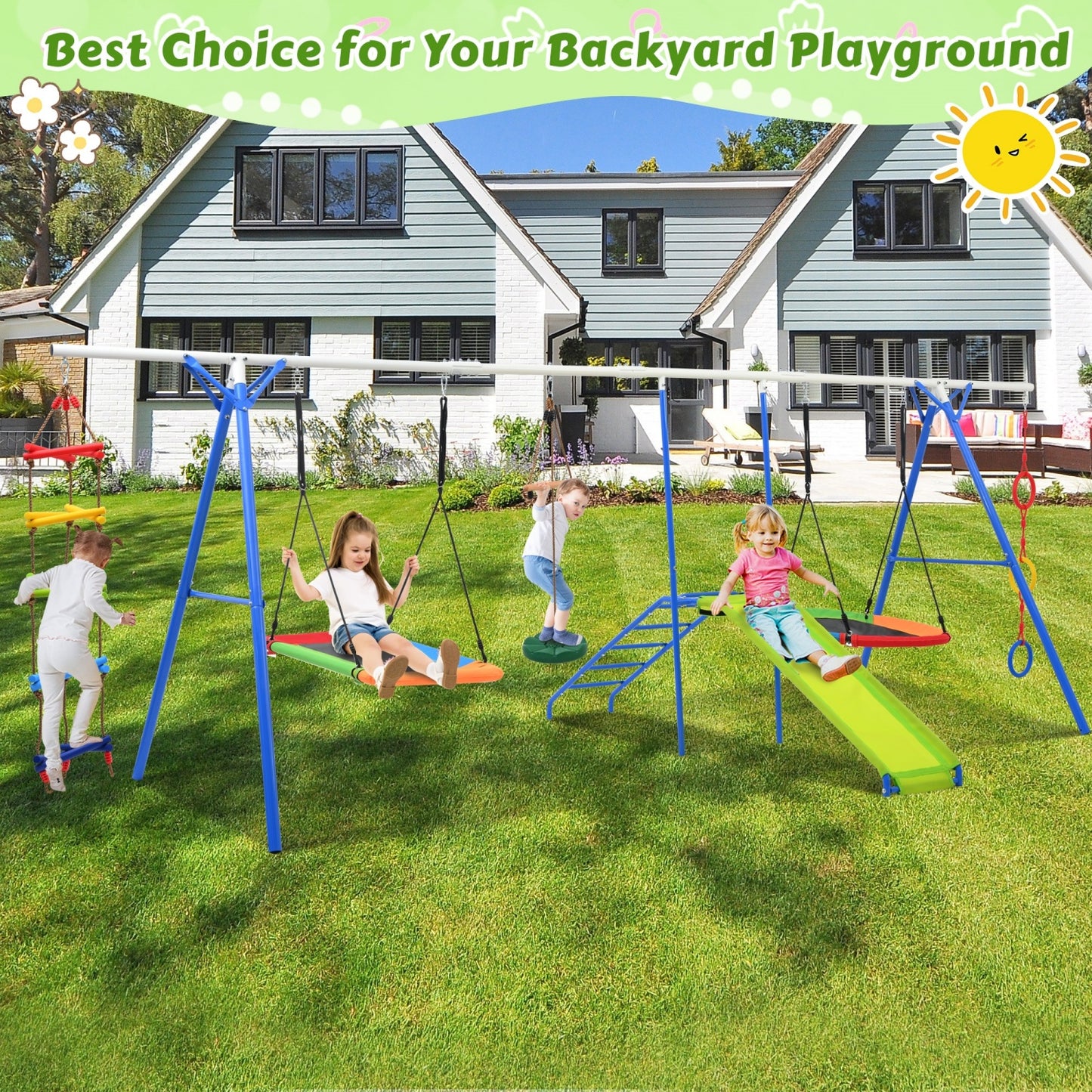 6 in 1 Swing Sets for Kids , BTMWAY Toddle Outdoor Swing Playsets with Climbing Rope Ladder, Disc Swing, Monkey Bar Swing, Slide and Climbing, Saucer Swing, Heavy Duty Swingset Outdoor for Kids 3-10
