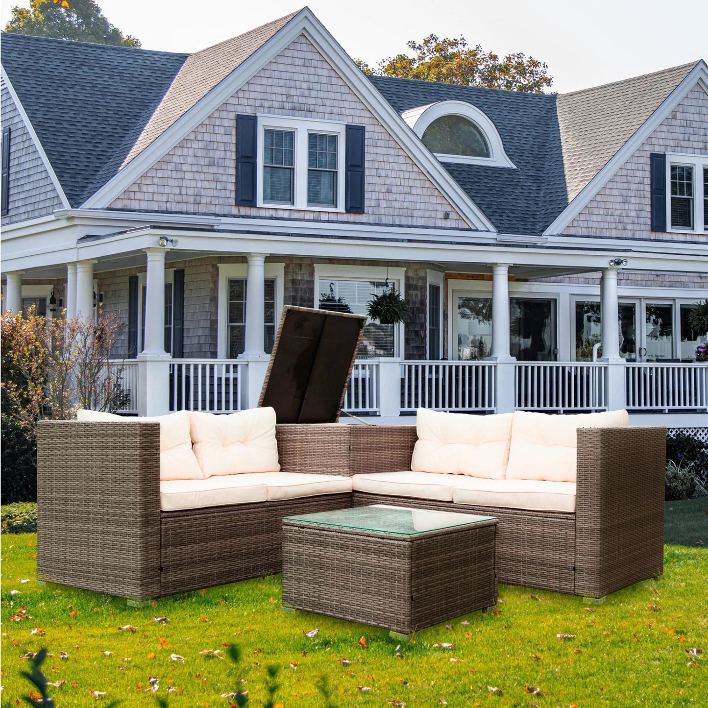 BTMWAY Patio Furniture Set, 4 Pieces Outdoor Table and Chairs Set, Patio Sectional Furniture Set with Storage Box, Outdoor Sofa Set with 3.15" Thickness Cushion, Outdoor Patio Conversation Sets