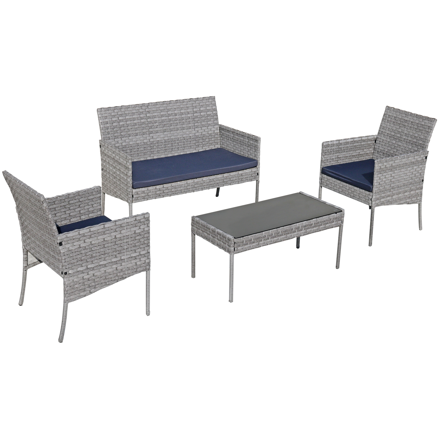 Shinpt Patio Furniture Set 4 Pieces, Rattan Balcony Sets for Graden and Lawn, Outdoor Conversation Sets with Rattan Chair, Wicker Sofa and Glass Coffee Table, Grey