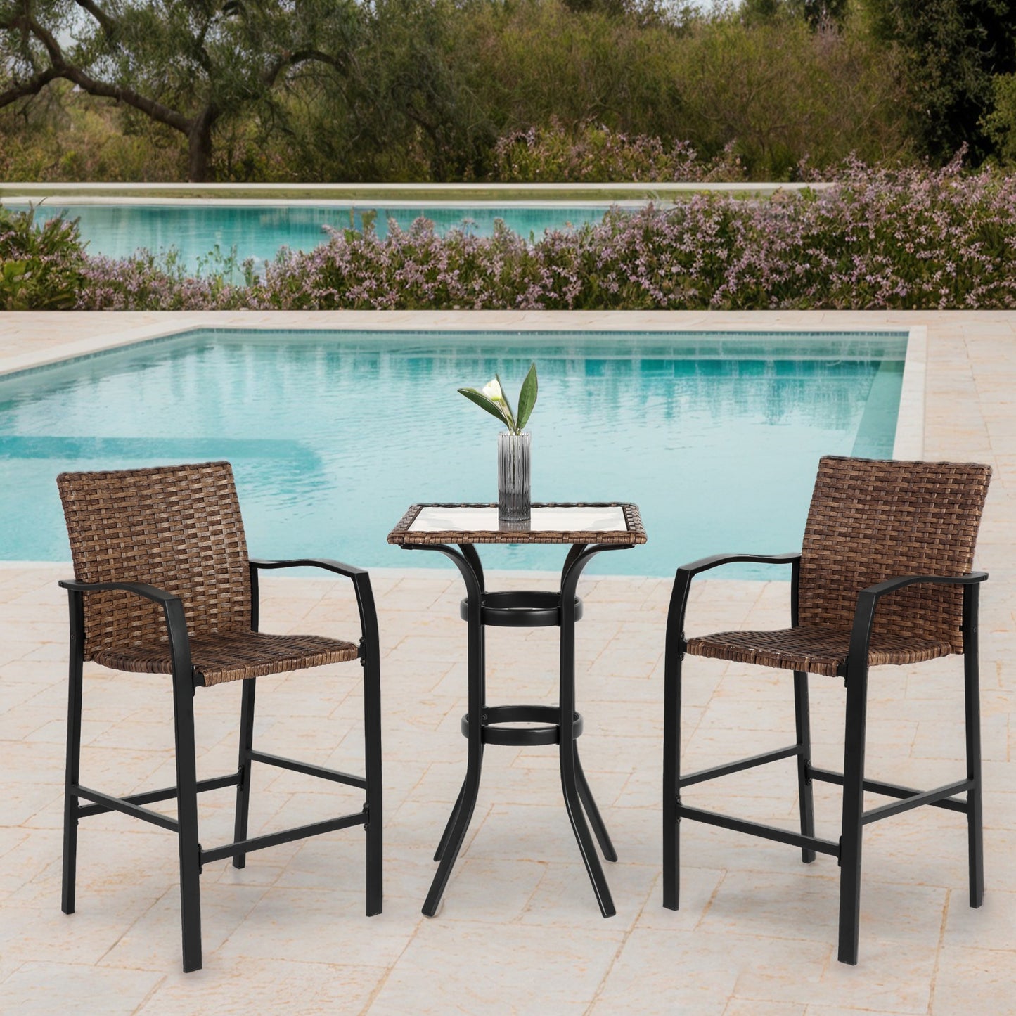 Outdoor Patio Set of 3, SHINPT Tall Bar Stools, 3 Pieces Patio Bar Set with Rattan Bar Chairs, Bistro Set Outdoor with Glass Table Top, Outdoor Bar Set for Backyard, Garden, Pool, Balcony and Deck