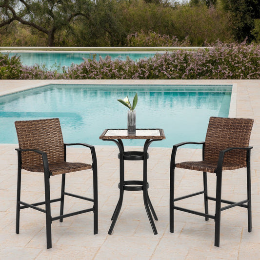 Outdoor Patio Set of 3, SHINPT Tall Bar Stools, 3 Pieces Patio Bar Set with Rattan Bar Chairs, Bistro Set Outdoor with Glass Table Top, Outdoor Bar Set for Backyard, Garden, Pool, Balcony and Deck