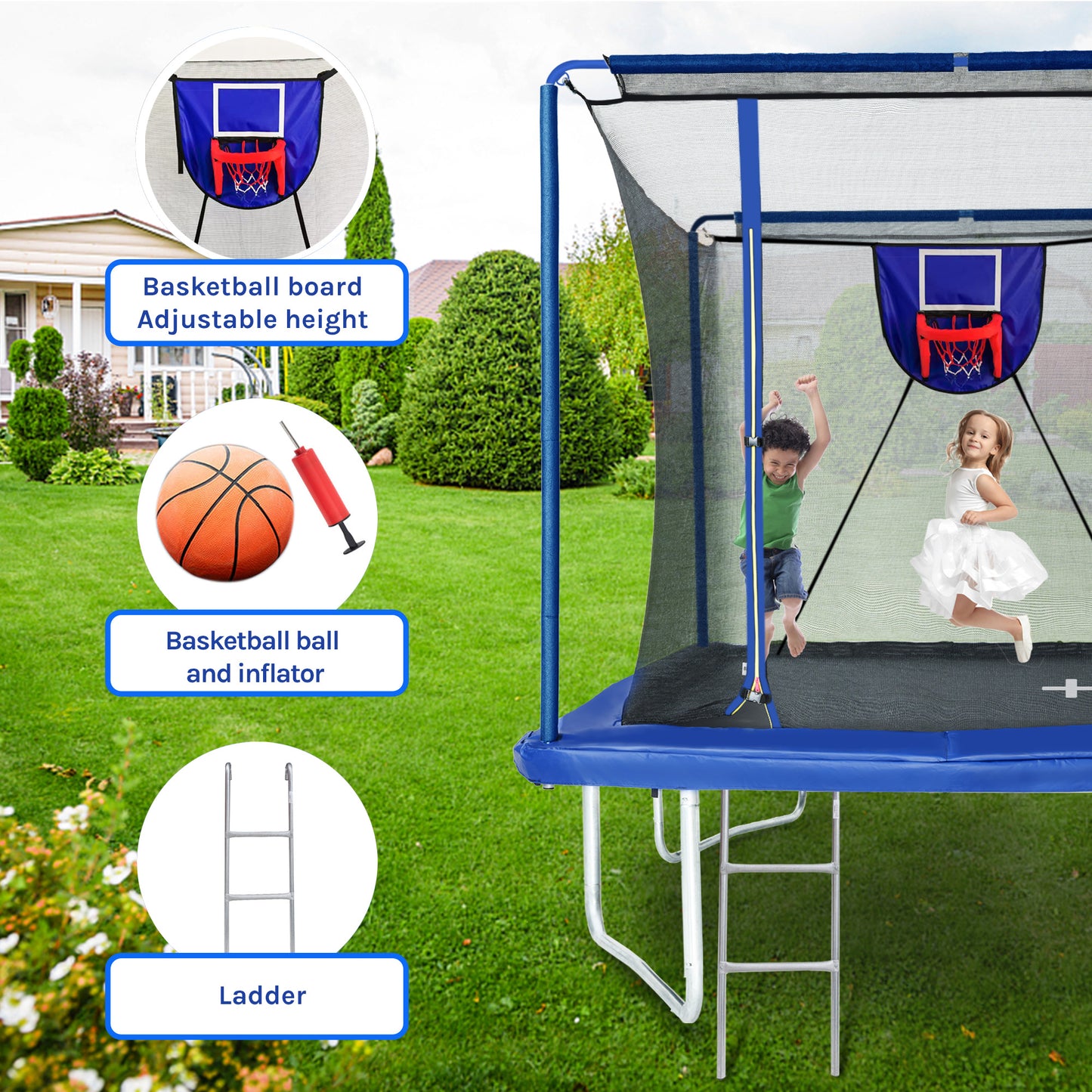 8x12 FT Heavy Duty Rectangular Trampoline with Safety Enclosure Net, Basketball Hoop & Ladder for Kids and Adults, 1200lbs Capacity, UV-Resistant Jump Mat, Ideal for Gymnastics & Backyard Fun