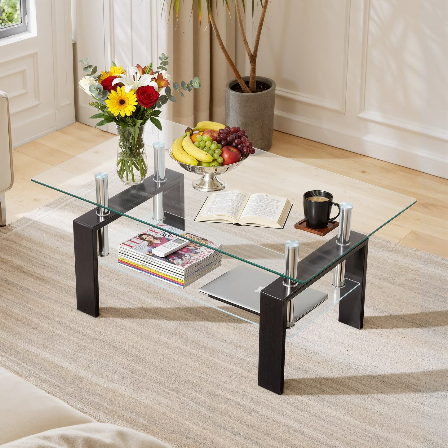 SHINPT Glass Coffee Table with Storage, Rectangle Coffee Table with Metal Legs for Living Room, Modern Coffee Table with Tempered Glass Tabletop, Center Table for Small Apartment, Office