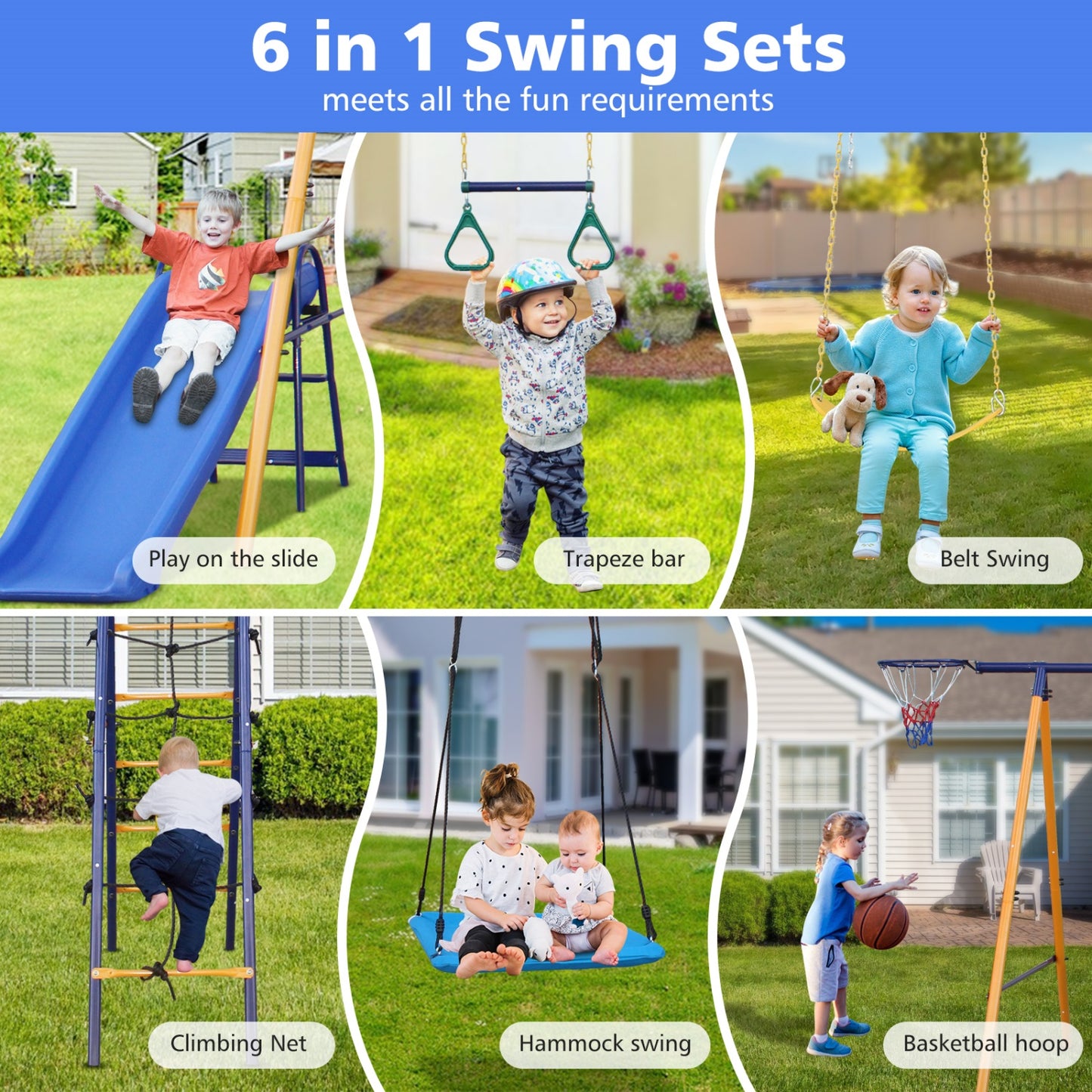 7 in 1 Swing Set for Backyard, SHINPT Playground Swing Sets with Slide, 2 Swing Seats, Outdoor Multifunction Playsets for Kids with 1 Gym Ring, 1 Basket, 1 Climbing Net & Ladder, 500 lbs Capacity