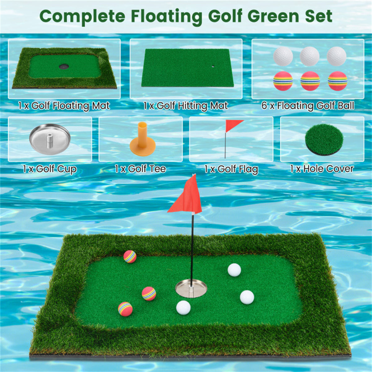 SHINPT Floating Golf Green for Pool (35.5" x 23.5"), Golf Chipping Game Set with Floating Mat, 6 Balls, Fun Pool Golf Games Gift Included Scoring Rules, Outdoor & Indoor Golf Game, Golfer Gift