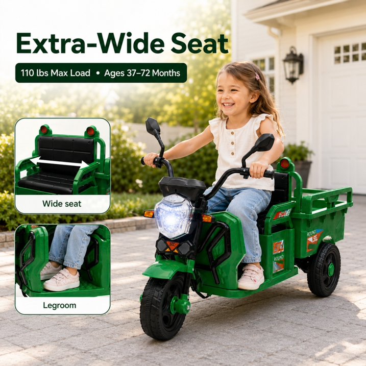 12V Kids Ride on Toy, SHINPT Powered Ride on Car with Large Storage Bed, 3-Wheel Cargo Truck with LED Lights & Music, Wide Seat, Toddler Ride on Toys for Ages 3-6, Green
