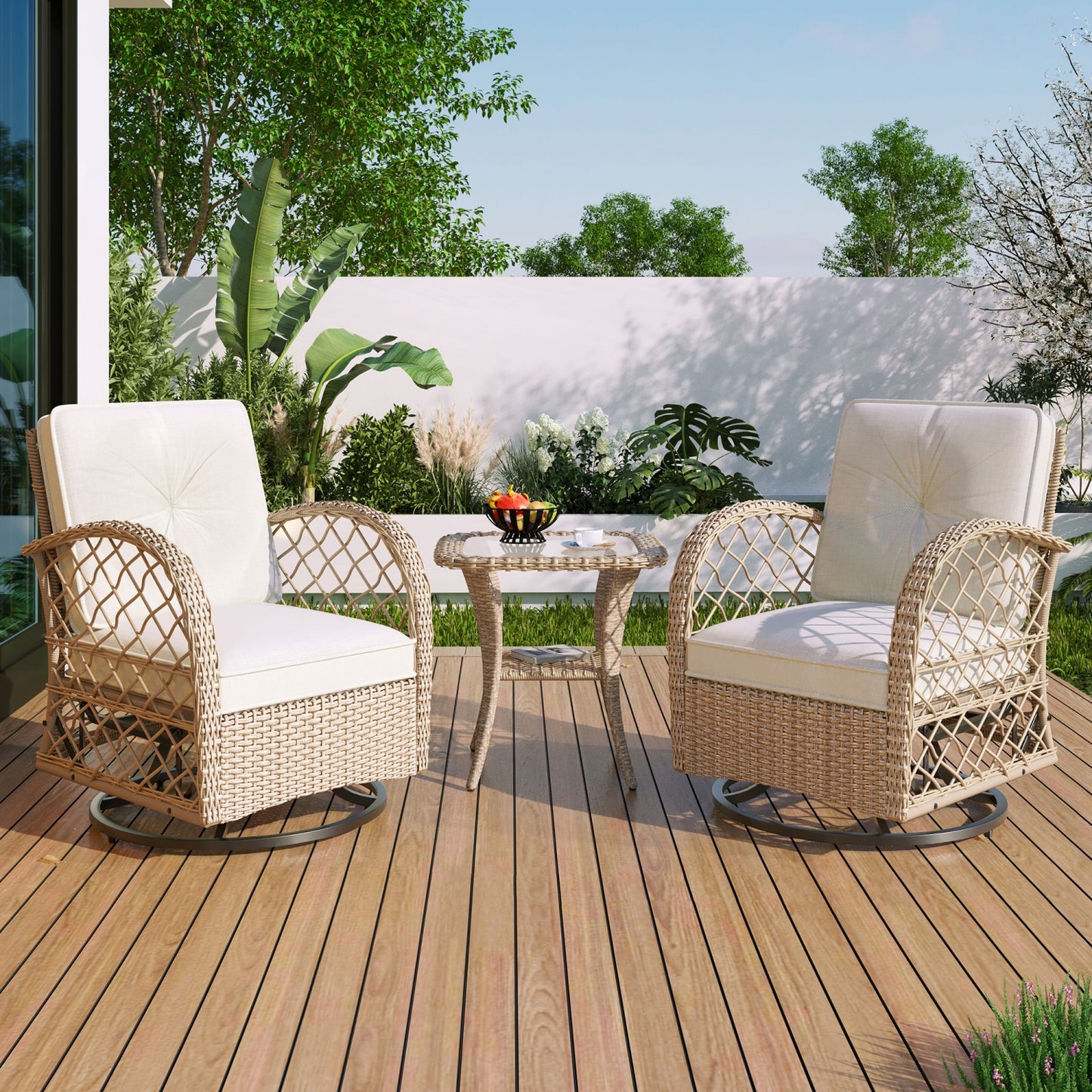 Outdoor Rocking Chair Set of 2, SHINPT All Weather Wicker Patio Furniture Set with Premium Fabric Cushions, Front Porch furniture Set with Table Set for Balcony, Deck, Yard, Natural/Brown