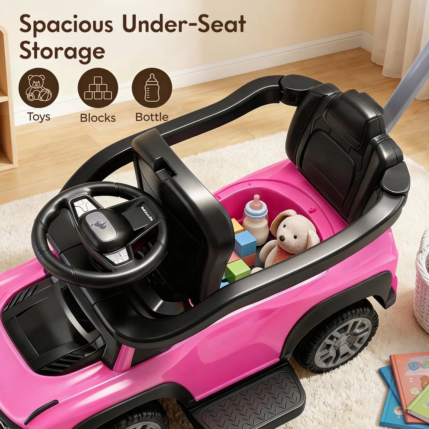 3 in 1 Push Car, Licensed Ford Bronco, SHINPT Toddler Push Car with Parent Control Handle, Safety Fence, Lights, Music & Storage, Ride on Toy for Toddlers 18-36 Months, Pink