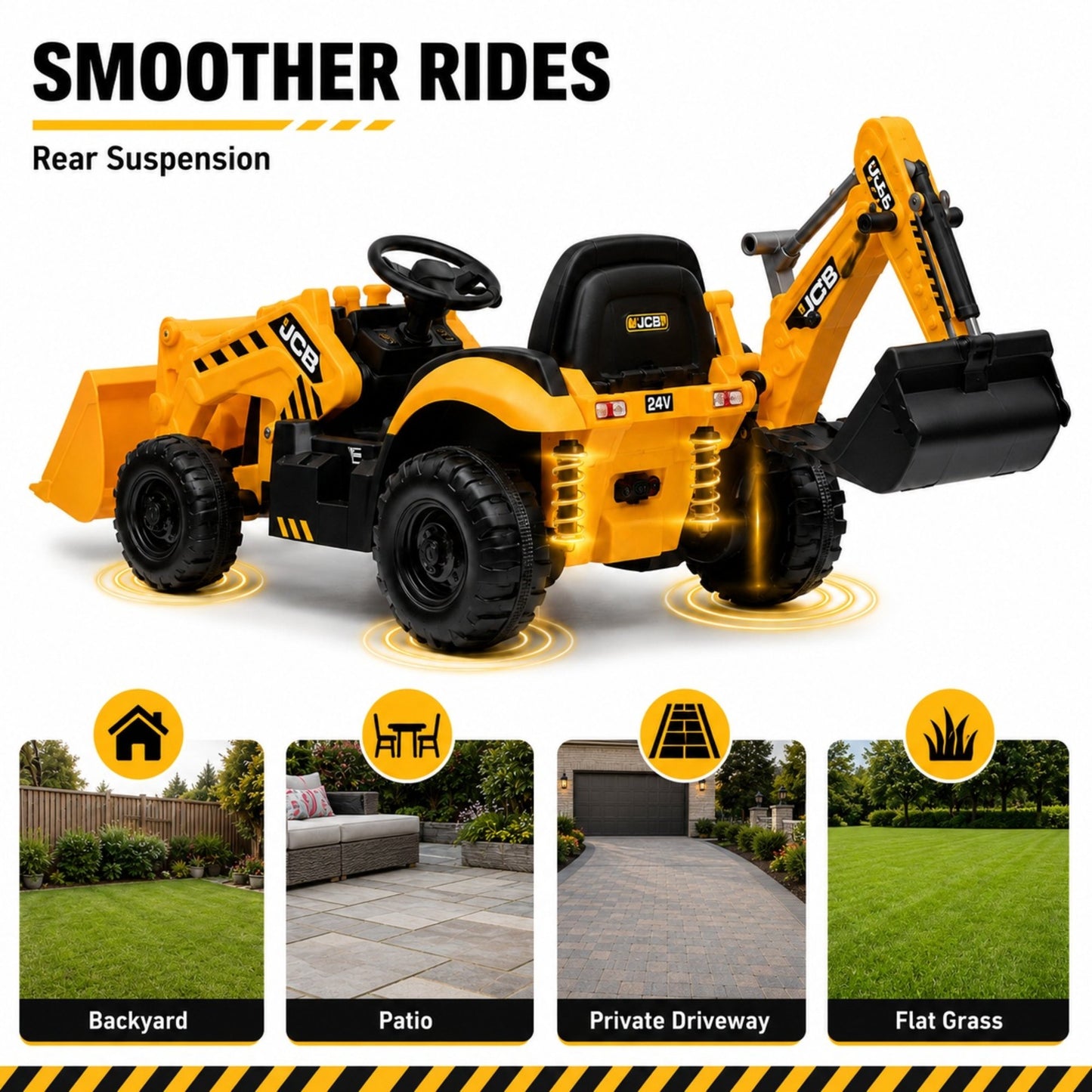 SHINPT Ride on Excavator, JCB, 24V Dual Motors,  Digger Ride on Toy, Front Loader & Backhoe, Remote Control Construction Toy, Yellow, for Toddler Boys 3-5 Years Old
