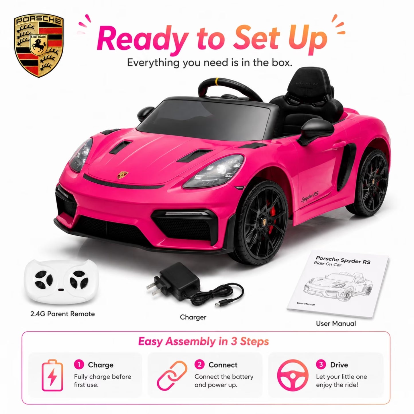 SHINPT Electric Ride On Car, Licensed Porsche Kids Electric Car with 2.4G Parent Remote Control & Bluetooth, 12V 2WD Toddler Ride On Toy 3 Speeds LED Lights Black for Kids Ages 3-5, Backyard Play
