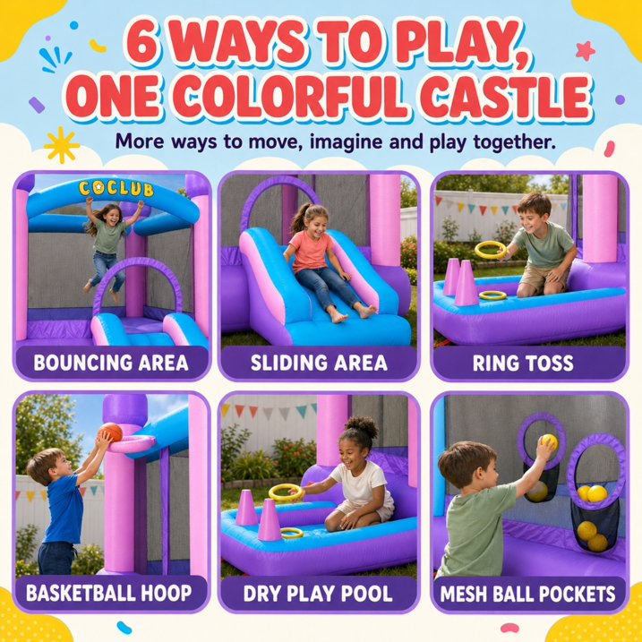 SHINPT Inflatable Bounce House for Kids, 6-in-1 Bounce House w/480W Air Blower, Indoor Outdoor Bouncy Castle Jump House w/Slide, Crawl-Thru Door & Net, Dartboard, Basketball Hoop, Football Goal