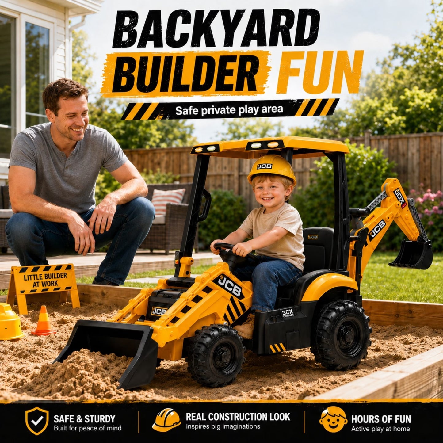 SHINPT Ride on Excavator, JCB, Realistic 2-in-1 Construction,  Toddler Excavator, Shovel & Digger, Electric Ride on Toy, 12V Battery Powered, Remote Control, Yellow, for Toddlers Boys 3-5 Years Old