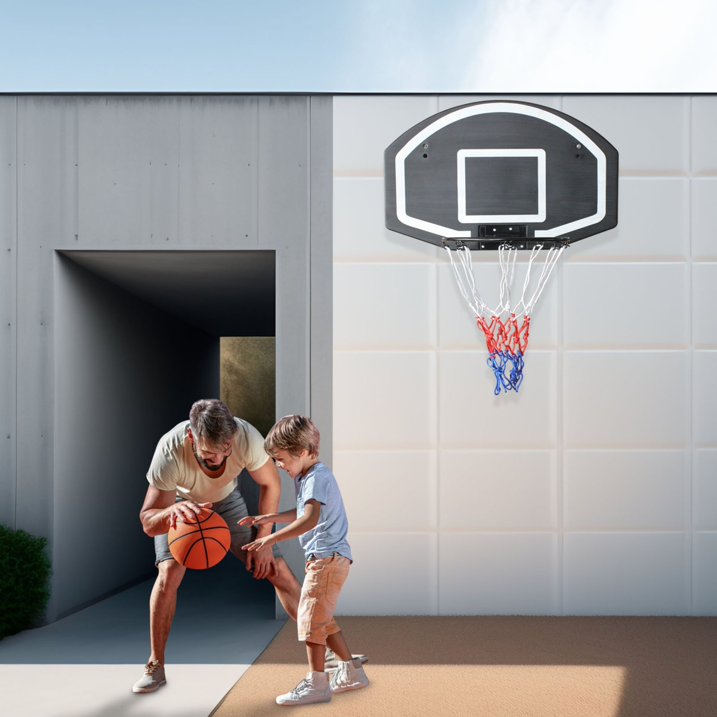 SHINPT Wall Mounted Basketball Hoop, SHINPT 1-Piece Folding Basketball Rim with Shatterproof Backboard, Indoor Outdoor Basketball Goal with All-Weather Net, 28.5 x 18 in, Black, for Garage Backyard Home