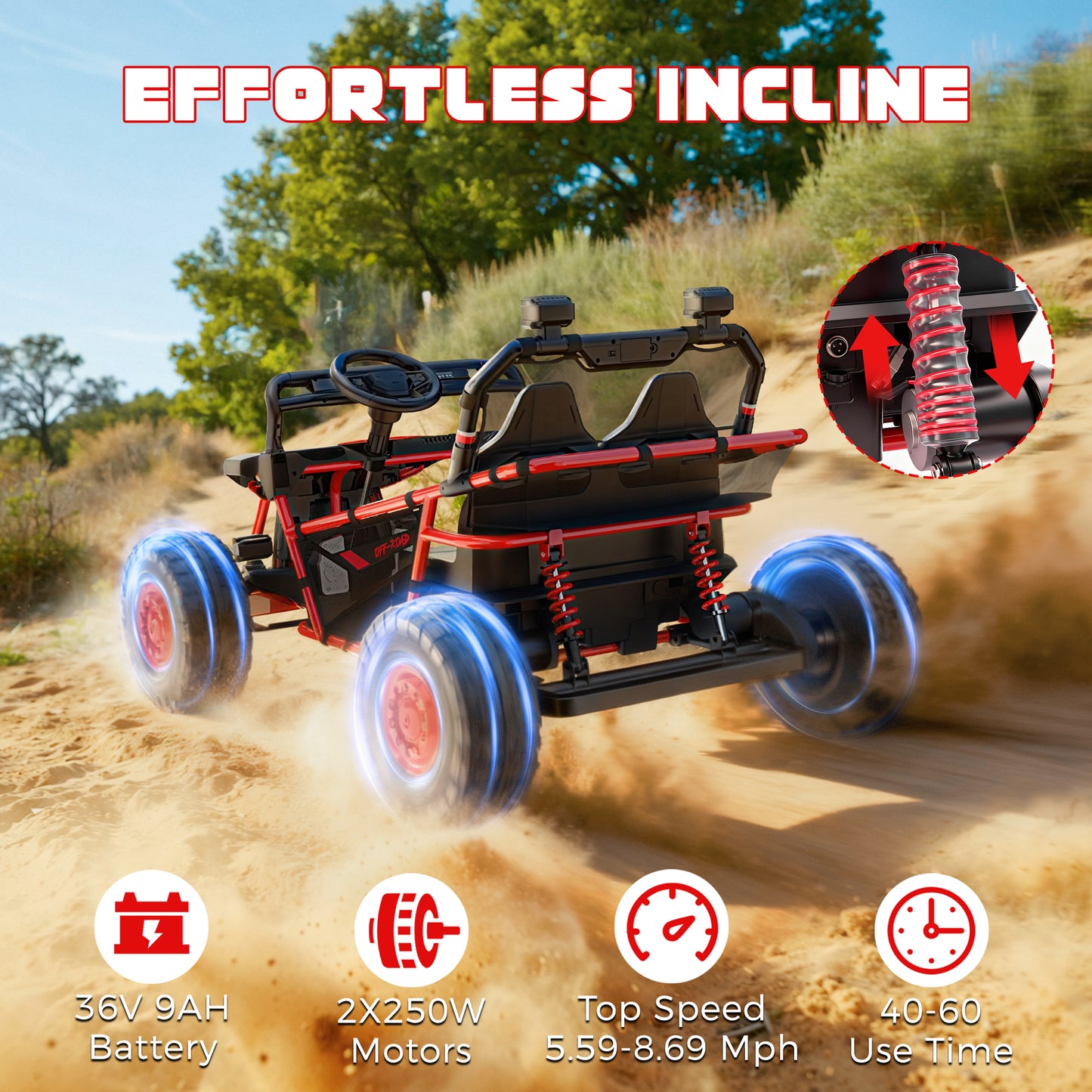 SHINPT 36V Kids Ride On Car, 2 Seater Electric Ride On Car for Big Kids 6-12, 2x250W Motor, 14" EVA Tires, Metal Frame, Bluetooth Music, FM Radio, Rear Suspension, LED Lights, Storage Box, 8.7 MPH