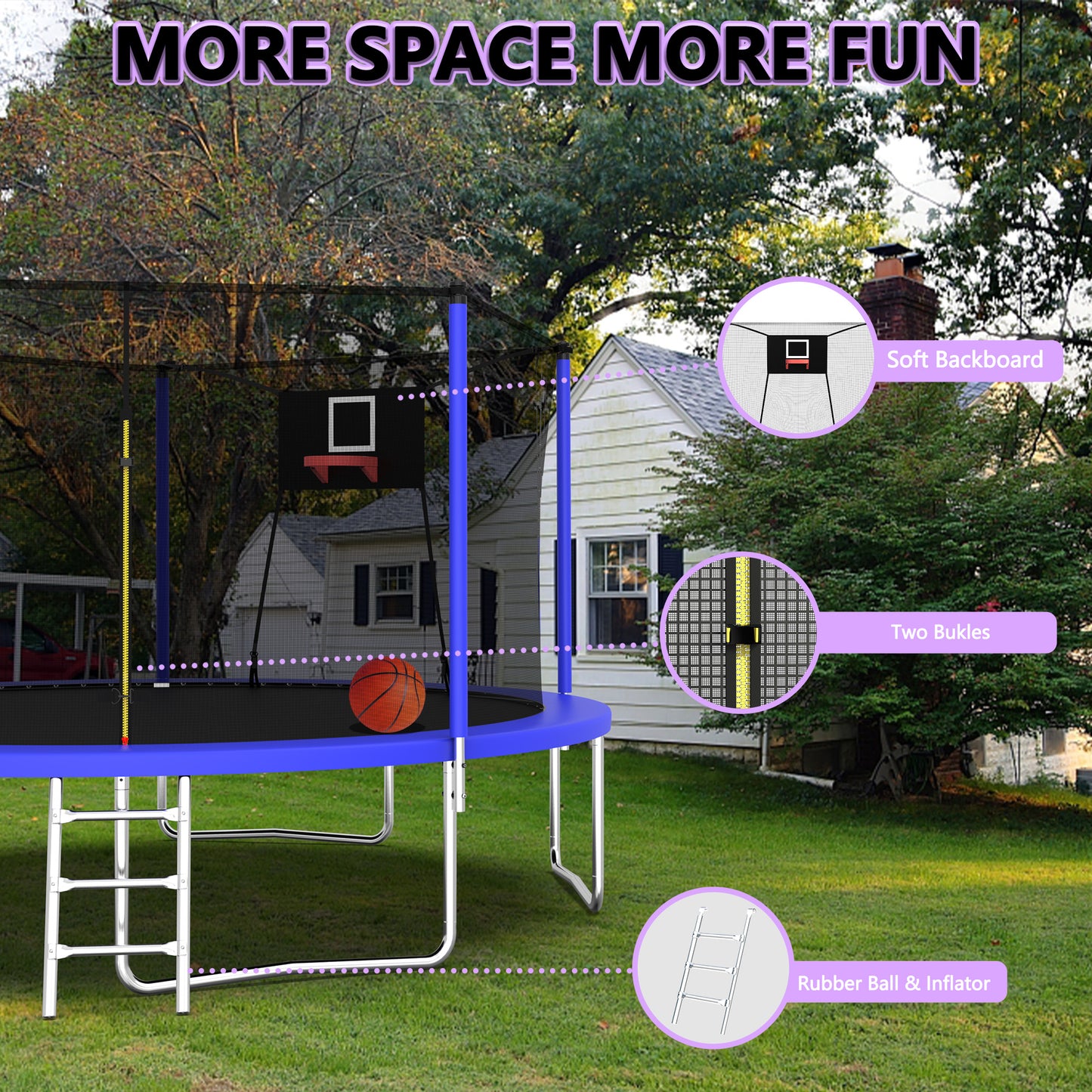 14FT Sports Fitness Trampoline with Net, SHINPT Large Trampoline with Basketball Hoop, Exercise Trampoline for Adults and Kids for Outdoor/Indoor, Gymnastics Trampoline with Ladder for Basement, Yard