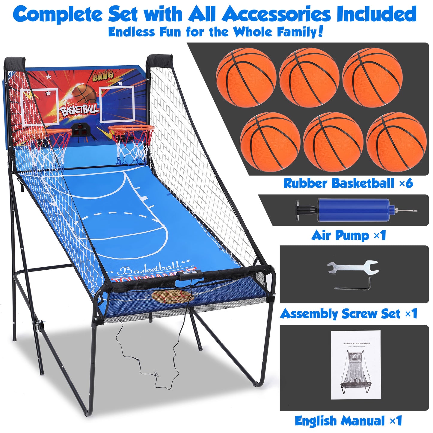 Fodable Arcade Basketball Game for 1-4 Players, SHINPT Dual Shoot Basketball Arcade with 8 Game Modes, 6 Balls, Indoor Basketball Game 39"×72", Arcade Basketball with LED Scoreboard for Kids & Adults
