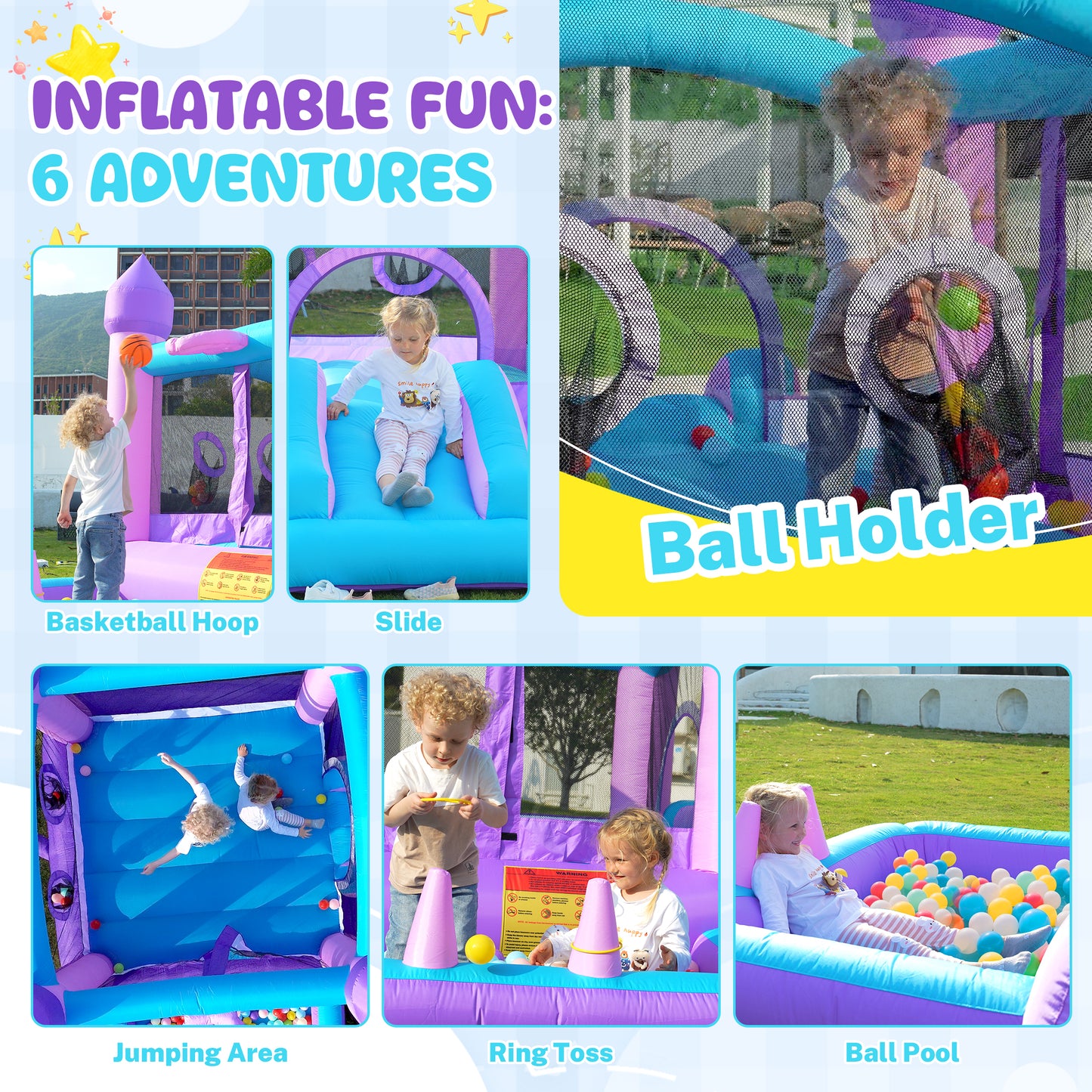Bounce House for Kids 3-10 with Slide, SHINPT 6-in-1 Inflatable Bounce House for Indoor Outdoor Backyard, Quick Inflate Bouncy House with  Blower, 420D Oxford Bounce Castle for Birthday Party, Purple