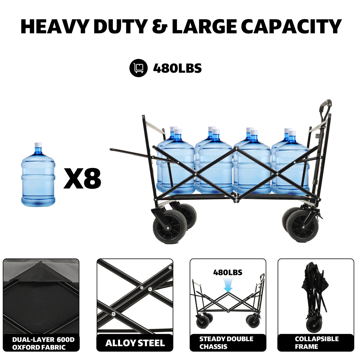 Collapsible Foldable Extended Wagon with Canopy, SHINPT Folding Wagon Cart with 480lbs Weight Capacity, Heavy Duty Wagon with Big All-Terrain Beach Wheels, Outdoor Utility Cart for Camping, Sports